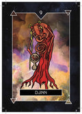 Tarot korta Djinn, raudonas mistinis sutvėrimas su spiralėmis ir laikrodžiu ant spalvingo kosminio fono, unikalus variantas