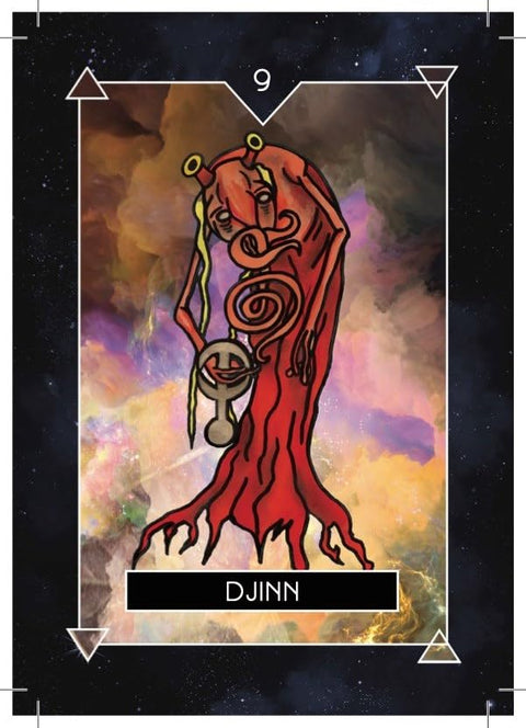 Tarot korta Djinn, raudonas mistinis sutvėrimas su spiralėmis ir laikrodžiu ant spalvingo kosminio fono, unikalus variantas