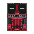 Deadpool žaidimo kortos – raudona ir juoda firminė Theory11 dėžutė su Marvel logotipu, priekis su kaukės dizainu