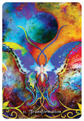 tarot korta Transformacija – spalvingas drugelio ir kosminės planetos motyvas, ryškūs violetiniai, mėlyni ir oranžiniai tonai