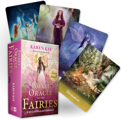 Orakulo kortos Pocket Oracle of the Fairies Karen Kay, 44 spalvingos fėjų iliustracijos kišeniniame dėkle, išsidėsčiusios vėduoklės formoje
