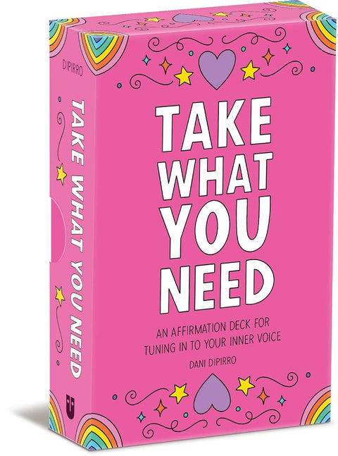 Affirmacijų kortelės Dani Dipirro rožinėje dėžutėje, priekis su užrašu Take What You Need ir spalvotais žvaigždėmis