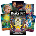 Reiki kortų rinkinys Divine Healing su spalvingu viršeliu ir atverstomis gydomosiomis kortomis, autorius Brett Bevell, iliustracijos Ben Schikowitz