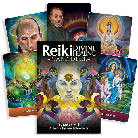 Reiki kortų rinkinys Divine Healing su spalvingu viršeliu ir atverstomis gydomosiomis kortomis, autorius Brett Bevell, iliustracijos Ben Schikowitz