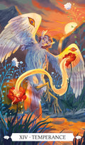 Tarot korta Temperance — saulėlydžio fone angelas su sparnais maišo šviesą ir gėlių vandenį, vertikalus variantas