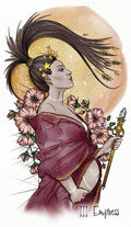 tarot korta Imperatorienė – vertikalus iliustruotas atspaudas su bordo apsiaustu, nėščia figūra, žvaigždžių vainiku ir auksiniu skeptru
