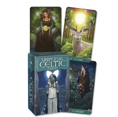 Tarot kortos Universal Celtic mėlyvo‑žalsvo dėklo komplektas su keturiomis iliustruotomis kortomis: elnias (Saulė), kunigė, paslaptinga vienuolė ir deivė