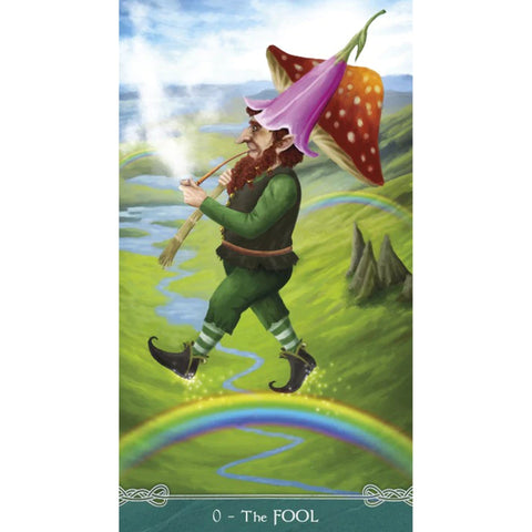 Tarot korta The Fool – pilnas aversas su spalvingu Kvailiu vaikščiojančiu per vaivorykštę, pabrėžiantis kortos iliustraciją ir simboliką