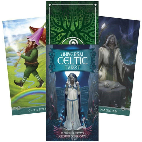 Tarot kortos Universal Celtic, komplektas su dekoratyvia dėžute ir trimis iliustruotomis kortomis: centrine dama, The Fool ir Magician