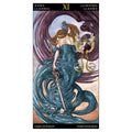 tarot korta Teisingumas, vertikalus pilnas kortos piešinys su moterimi, kardu ir auksinėmis svarstyklėmis