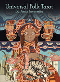 Tarot kortos Universal Folk Tarot — Anita Inverarity viršelis su oranžinėmis liaudiškomis iliustracijomis, miegančia kate, puodeliais ir grybais