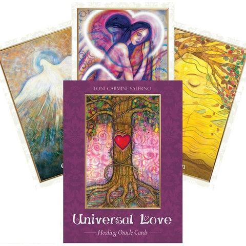Toni Carmine Salerno „Universal Love“ gydomosios orakulo kortos, violetinė dėžutė priekyje ir trys ventyti kortos už nugaros su medžio ir širdies motyvu