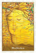 Meditacijos plakatas, aukso geltonos spalvos raminantis moters portretas su lapų vainiku, vertikalus 30×45 cm