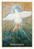 Atvirutė Celebration – portreto formatas su baltu balandžiu centre ir spindinčiais auksiniais bei mėlynais tonais, 13×18 cm