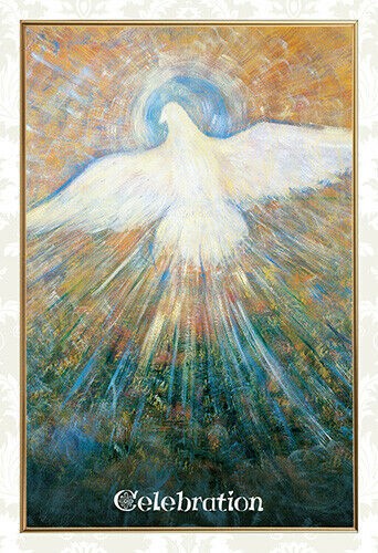 Atvirutė Celebration – portreto formatas su baltu balandžiu centre ir spindinčiais auksiniais bei mėlynais tonais, 13×18 cm
