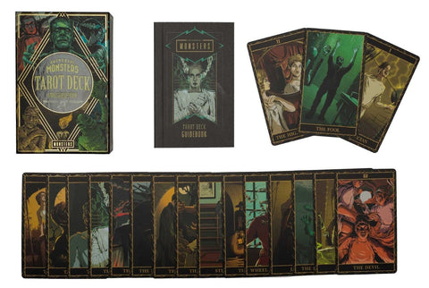 Tarot kortos Universal Monsters, tamsiai žalios ir aukso detalės, komplekte dėžutė, vadovėlis ir kortų išklotinė