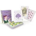 tarot kortos La Divination selon JACK: violetinė dėžutė ir atverstos rožinės bei violetinės kortos su spalvota nugarėle