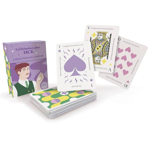tarot kortos La Divination selon JACK: violetinė dėžutė ir atverstos rožinės bei violetinės kortos su spalvota nugarėle