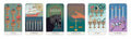 tarot kortos komplektas — horizontali kompozicija parodyta šešios kortos su ornamentuotais puodeliais, kardais, lazdomis ir pentakliais, skirtos komplekto peržiūrai