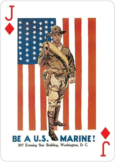 Kolekcinė žaidimo korta Jack of Diamonds su senoviniu U.S. Marine propagandiniu plakatu, JAV vėliavos motyvas, priekio dizainas unique
