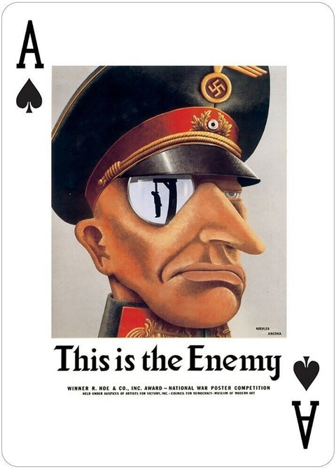 Plakatas „This is the Enemy“ – karo propagandinio plakato variantas su karikatūriniu nacių karininko profiliu, pakarusio šešėlis veidrodyje, kortelės formatas
