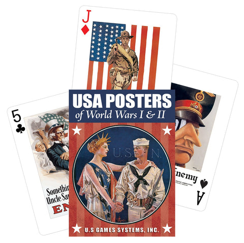 Kortų kaladė USA Posters (U.S. Games Systems) su Pirmojo ir Antrojo pasaulinio karo plakatų iliustracijomis ir trimis atverstomis kortomis