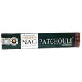 Patchouli smilkalai Golden Nag, 20 g pakuotė su tamsiai žalia dėžute, intensyvus žemės aromatas namų atsipalaidavimui