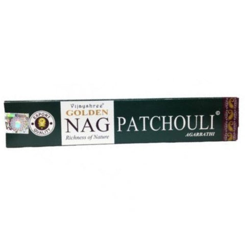 Patchouli smilkalai Golden Nag, 20 g pakuotė su tamsiai žalia dėžute, intensyvus žemės aromatas namų atsipalaidavimui