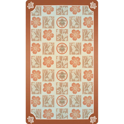 Paplūdimio rankšluostis oranžinių gėlių ir smėlio kvadratų raštu, plokščiai ištiestas, minkštos medvilnės 90×180 cm