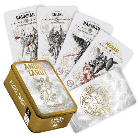 Angel Tarot kišeninis taro rinkinys auksinėje skardinėje, baltos kortos su auksiniais simboliais, ventiliatoriumi atverstos kortos, matomi Michael ir Caliel vardai