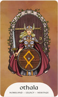 Tarot korta Othala – priekinė iliustracija: šviesiaplaukė valkyrija su kardiu ir skydeliu, šiltos rudos bei bordo spalvos, pilno dydžio korta
