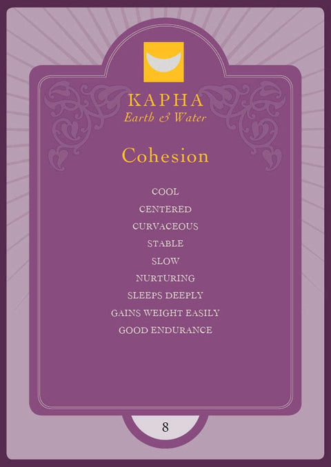 Kortelė Cohesion (Kapha) violetinė, ayurvedinė savybių korta: stabilumas, ramybė, gilus miegas — variantas Nr. 8