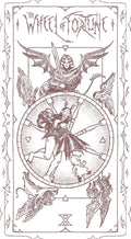 tarot korta Likimo ratas, sepija linijinė iliustracija, pilnas kortos apipavidalinimas su figūromis, sparnais ir ratu