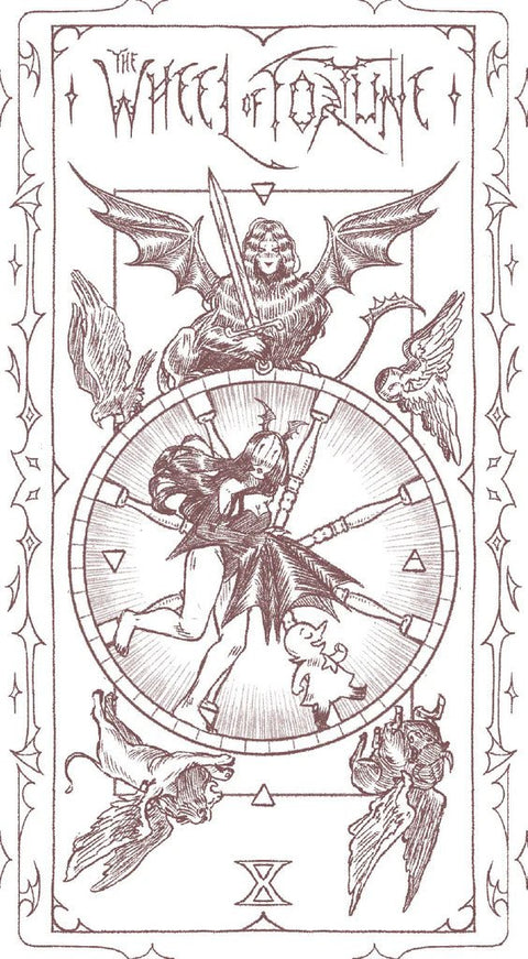 tarot korta Likimo ratas, sepija linijinė iliustracija, pilnas kortos apipavidalinimas su figūromis, sparnais ir ratu