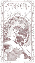 tarot korta "Stiprybė" rudos linijinės iliustracijos, vertikalus meninis atspaudas su gėlių vainikais ir begalybės simboliu