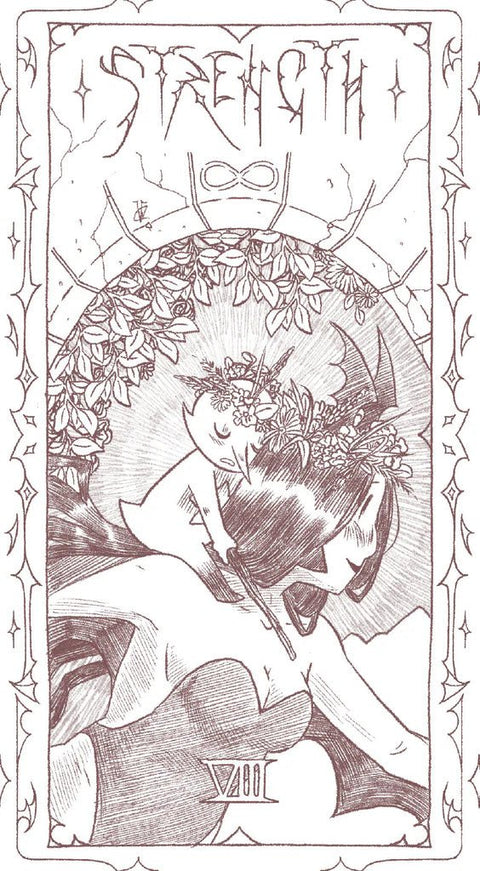 tarot korta "Stiprybė" rudos linijinės iliustracijos, vertikalus meninis atspaudas su gėlių vainikais ir begalybės simboliu