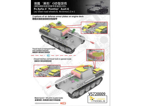 Vespid Panther Pz.Kpfw. V Ausf. G tankas 1/72, plieniniai ratai, AA šarvai