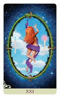 Tarot korta Pasaulis (XXI) su raudonplauke figūra, purpurine skarele, žalio vainiko rėmu, žvakėmis ir žvaigždėtu fonu