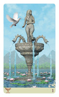 tarot korta rodo skulptūrinę fontaną su baltu balandžiu ir lelijomis, viso kortos priekio iliustracija šviesiai mėlyname fone