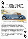 Talbot 3.5‑litro kupė, mėlynas drop‑head kabrioletas šoninis profilio iliustracija, vintage žaislinė kortelė