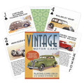 Produkto puslapyje: „Vintage Motor Cars“ žaidimų kortų dėžutė su žalios spalvos retro limuzino piešiniu ir atverstomis kolekcijos kortomis
