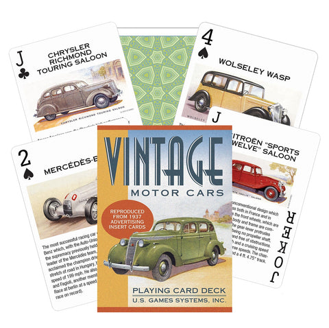 Produkto puslapyje: „Vintage Motor Cars“ žaidimų kortų dėžutė su žalios spalvos retro limuzino piešiniu ir atverstomis kolekcijos kortomis