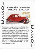Citroën Sports Twelve salonas: raudonas retro keturvietis sedanas, šoninis profilis iliustracijoje su techniniais aprašymais