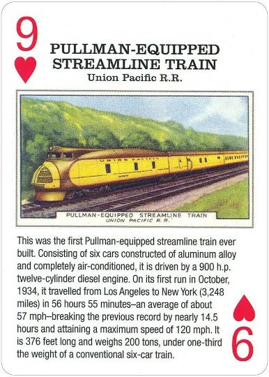 Kolekcinė žaidimo korta 9 širdžių su Pullman Streamline geltona traukinio iliustracija ir istoriniais aprašymais