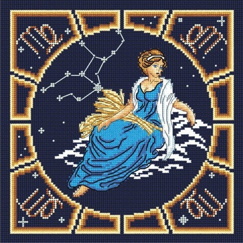 Kryželių rinkinys Mergelė: kvadratinis tamsiai mėlynas zodiako dizainas su mėlyna suknele, aukso javų kekė ir žvaigždžių konstelacija