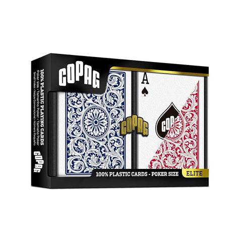Kortos Copag Elite, 100% plastikinės pokerio dydžio rinkinys su mėlyna ir raudona nugarėlėmis, matomas priekinis pakuotės langelis