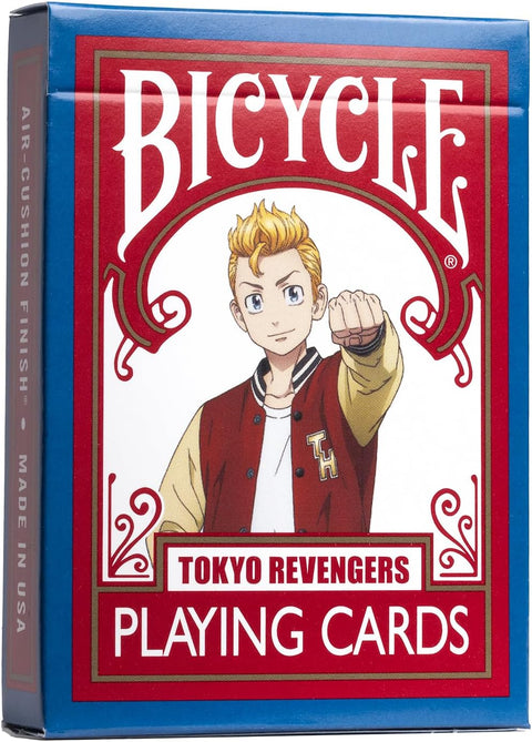 Kortų kaladė Bicycle Tokyo Revengers, raudona ir mėlyna dėžutė su anime herojumi, rodančiu kumštį priešakyje
