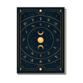 Tarot kortos su tamsiai mėlynu viršeliu ir auksinėmis zodiako ženklais bei triguba mėnulio kompozicija