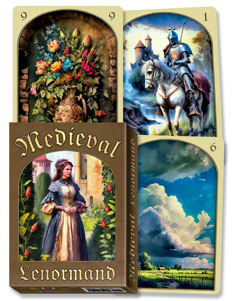 Lenormand kortos Medieval rudoje dėžutėje su moters portretu ant priekinio dangčio, keturiomis iliustruotomis detalizuotomis kortomis ir sodriomis spalvomis