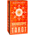 Tarot kortos Kaleidoscopic ryškiai oranžinėje kartoninėje dėžutėje, stovinti, matomas priekinis ir šoninis paviršius